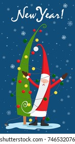 Santa Claus dresses the Christmas tree with  garland. New Year tree. Christmas. Vector illustration