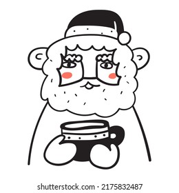 Santa Claus drink coffee. Vector outline illustration on white background.