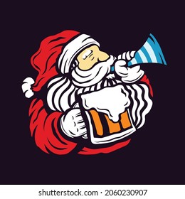 santa claus drinking beer and blowing a trumpet vector illustration. celebrate new year and merry christmas