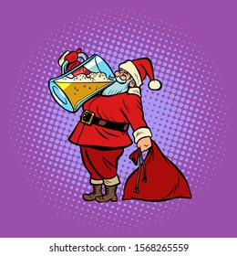 Santa Claus drinking beer. Christmas and New year. Comic cartoon pop art retro vector illustration drawing