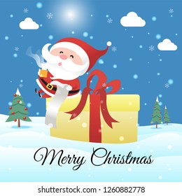 Santa claus drinking hot coffee on big gift box with  good boys list in hand. Merry christmas and a happy new year.