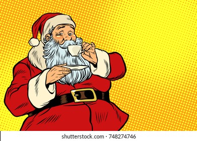 Santa Claus drinking tea or coffee. Pop art retro vector illustration