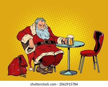 Santa Claus drinks beer at the bar, Christmas holiday after work