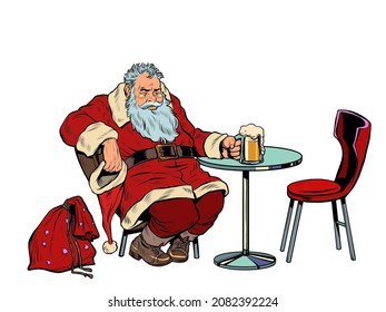 Papá Noel toma cerveza en el bar, Navidad después del trabajo