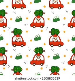 Santa Claus drive car cartoon so cute. On tree mountain star white background. Pattern seamless vector illustration. 
