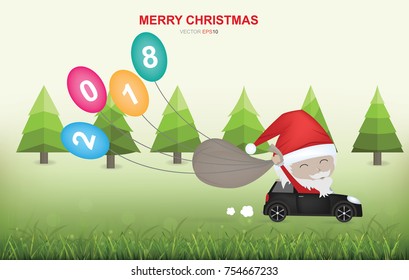 Santa Claus drive a car in green natural area and light blurred bokeh background . Vector illustration.