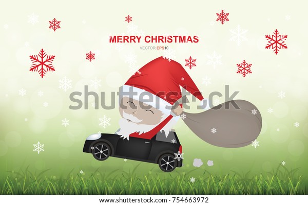 Santa Claus drive a car in green\
field and light blurred bokeh background . Vector\
illustration.