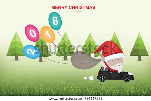 Santa Claus drive a car\
in green natural area and light blurred bokeh background . Vector\
illustration.
