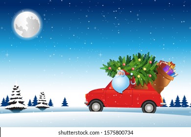 Santa Claus drive red car across snow with Christmas tree to send gifts to everyone,vector illustration