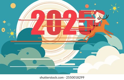 Santa claus drive riding a deer launch 2025 and smoke through cloud into space. Startup - flat design. vector design. 