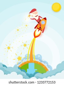 Santa claus drive rocket launch and smoke through cloud into space. Startup - flat design. Vector illustration.