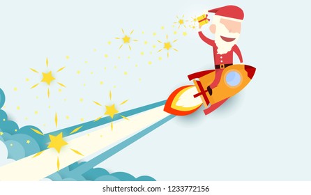 Santa claus drive rocket launch and smoke through cloud into space. Startup - flat design. Vector illustration.