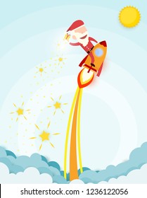 Santa claus drive rocket launch and smoke through cloud into space. Startup - flat design. Vector illustration.