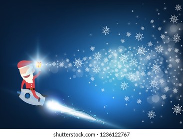 Santa claus drive rocket launch and smoke through cloud into space. Startup - flat design. Vector illustration.