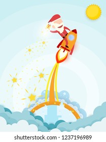Santa claus drive rocket launch and smoke through cloud into space. Startup - flat design. Vector illustration.