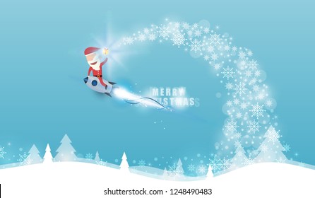 Santa claus drive rocket launch and smoke through cloud into space. Startup - flat design. Vector illustration.