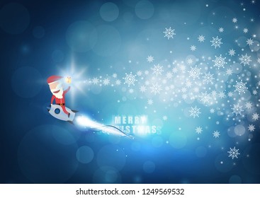 Santa claus drive rocket launch and smoke through cloud into space. Startup - flat design. Vector illustration.