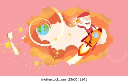 Santa claus lanza cohetes y fuma a través de la nube en el espacio. Inicio - diseño plano. diseño vectorial. 