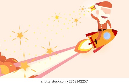 Santa claus drive rocket launch and smoke through cloud into space. Startup - flat design. vector design. 