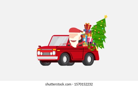 Santa claus drives car gives gifts christmas card and wallpaper flat vector design.
