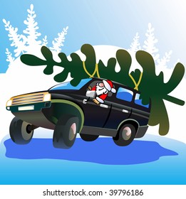 Santa Claus  drives Christmas tree. Vector illustration.