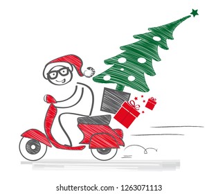 Santa Claus drives a moped and carries Christmas tree and presents