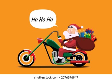 Santa Claus drives a motorcycle to deliver Christmas presents to children around the world. Merry Christmas cutout element for Holiday cards, invitations and website celebration decoration.