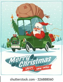 Santa Claus drives an old car. Christmas greeting card \ background \ poster. Vector illustration.