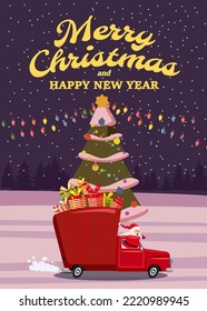 Santa Claus drives an old retro car, truck. Merry Chistmas Poster