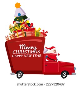Santa Claus drives an old retro car, truck. Delivery Christmas tree, gift boxes. Vector illustration cartoon style, card template