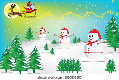 Santa Claus drives a reindeer through a valley with 3 snowmen in the midst of snow covering the forest.