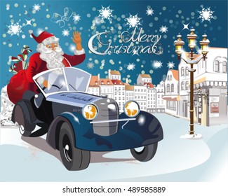 Santa Claus drives the retro car in the old city. Christmas greeting card background poster. Vector illustration.