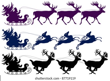 Santa Claus drives in a sleigh on three deers. Three variants
