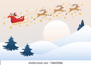 Santa Claus drives sleigh with reindeer on the full moon sky, flat cartoon style, vector illustration.