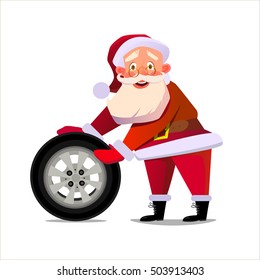 Santa Claus drives the wheel. The perfect Christmas design for a banner for the garage. Vector illustration.