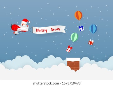 Santa Claus driving airplane to drag Merry Christmas message and deploys gift boxes in snowing Christmas night, illustration vector 