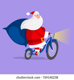Santa Claus driving a bicycle. Vector image drawn in flat style