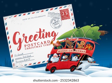 santa claus driving bus with gifts with reindeer penguin bear elf cookie in christmas village christmas greeting card letter