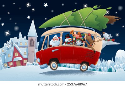 Papá Noel conduciendo un autobús en la ilustración de la Navidad del pueblo