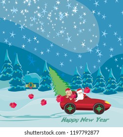 Santa Claus driving car with Christmas gift and a beautiful girl