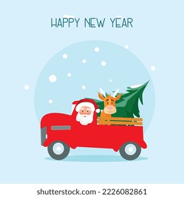 Santa Claus driving the car with a cute deer and fir, Christmas greeting card, background, poster. Vector illustration