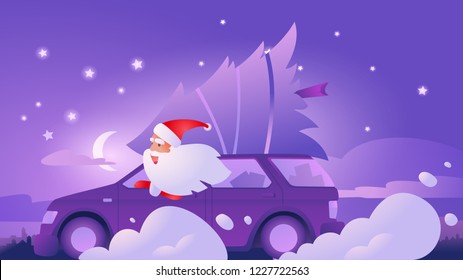 Santa Claus is driving car. Delivery of gifts. Tree in the trunk. The new year atmosphere. Christmas night.