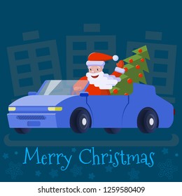 Santa Claus is driving a car with an elegant Christmas tree and waving his hand