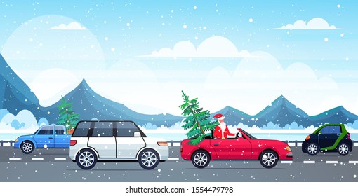 Santa Claus Driving Car With Fir Tree Merry Christmas Happy New Year Holiday Celebration Concept Winter Landscape Background Horizontal Vector Illustration