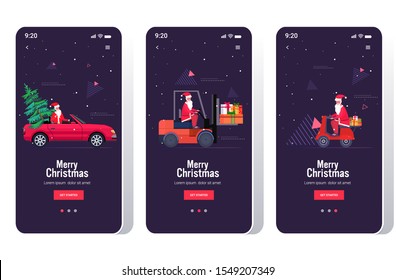 santa claus driving car forklift and scooter set merry christmas happy new year holiday celebration concept horizontal copy space vector illustration