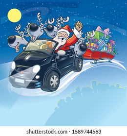 Santa Claus driving a car with his reindeers. Vector illustration of santa claus with four reindeer on a car dragging a sled full of presents. In the background starry sky and yellow moon.