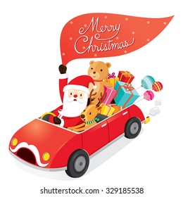 Santa Claus Driving Car With Reindeer, Merry Christmas, Xmas, Happy New Year, Objects, Animals, Festive, Celebrations