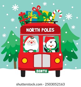 Santa Claus Driving Christmas Bus For Christmas Card or Bag design