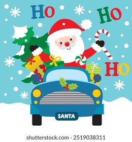 Santa Claus driving Christmas Car For Christmas Card or Bag design