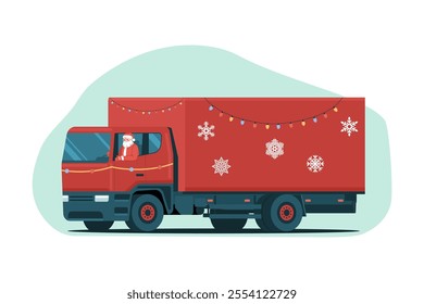 Santa Claus driving a decorated truck isolated. Vector illustration.
